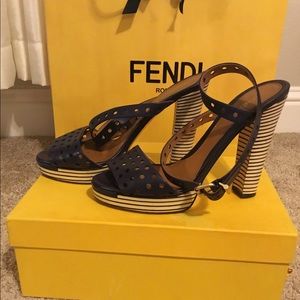 Navy Blue Leather Fendi Sandals